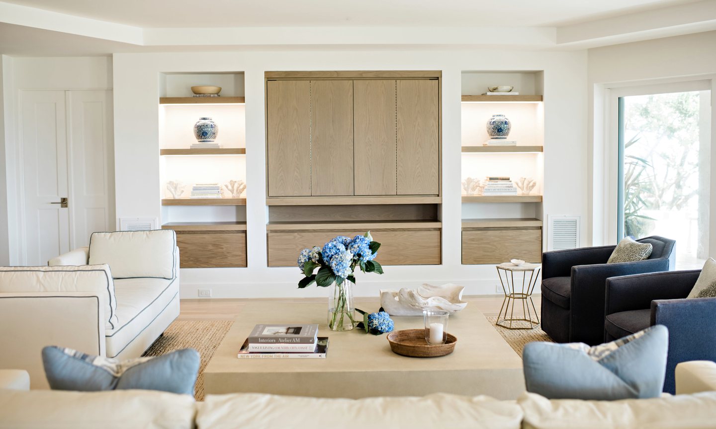 Jacksonville living room with custom oak millwork