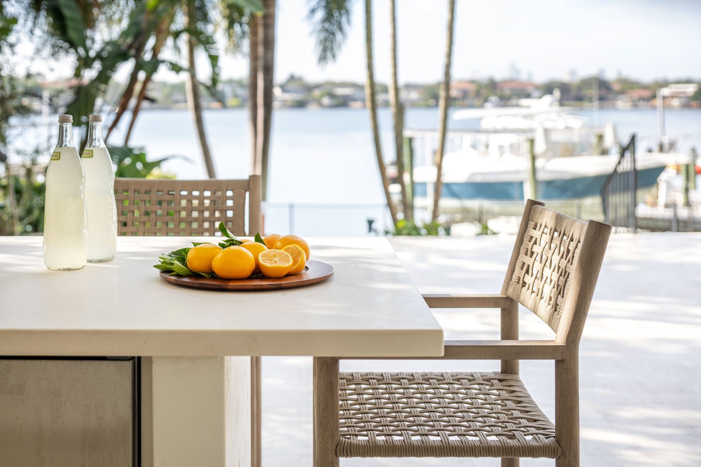 Waterfront dining terrace at golden hour