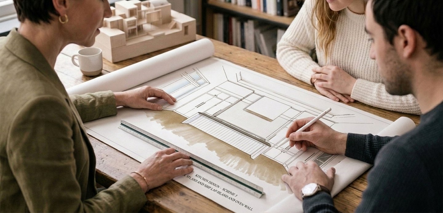 Clients and designer reviewing an architectural drawing