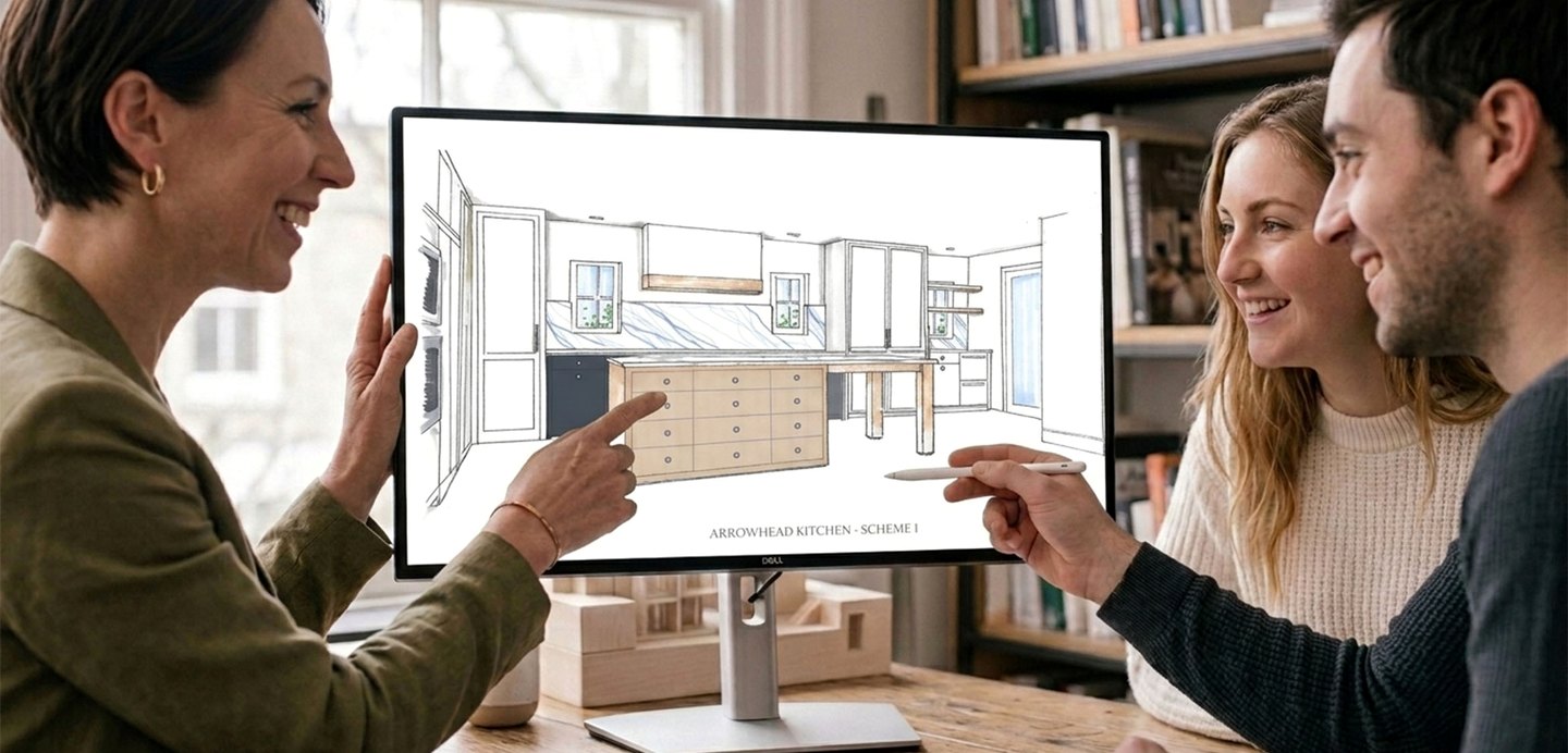 Clients refining the kitchen design on screen